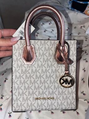Michael Kors Mini Tote in White Monogram with Metallic Rose Gold Accents